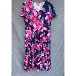 Chico’s Dress Sz 2 - Lg (12) Pink Navy Floral‎ Pockets Modal Tiered Short Sleeve